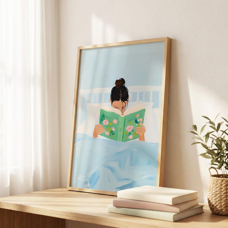 Girl Reading in Bed Poster, Book Lover Art, Reading Nook Decor, Tween Room Poster, Brunette Girl Art, Cozy Bedroom Print, Library Wall Art image 2