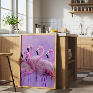 Pink Flamingo Poster, Purple Summer Coastal Wall Art, Tropical Beach House Animal Print, Girly Pastel, Purple Flamingo Art image 4