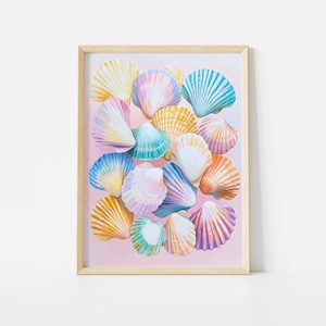 Colorful Seashells Poster, Pastel Beach Wall Art, Coastal Shell Print, Ocean Nature Decor, Vibrant Sea Shell Illustration