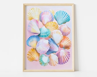 Colorful Seashells Poster, Pastel Beach Wall Art, Coastal Shell Print, Ocean Nature Decor, Vibrant Sea Shell Illustration
