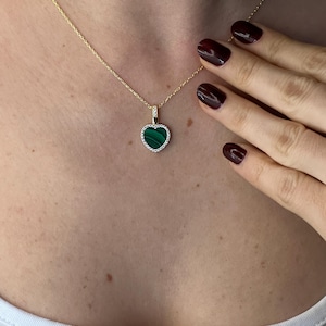 Collier coeur en argent plaqué or 14 carats, collier Saint-Valentin, collier amour, collier coeur pierre malachite, collier en argent sterling 925