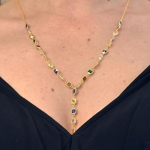 Colorful Lariat Necklace, Real Silver Layered Necklace, Multicolor Gold Plated Zircon Stone Necklace, Elegant Y Necklace, Gifts for Women