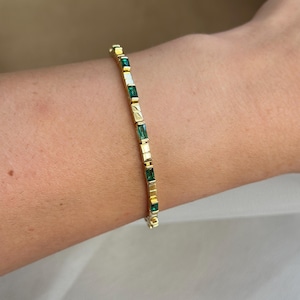18k Gold Emerald Bracelet, Dainty Green Gemstone Bracelet, Gold Plated Bracelet, Emerald Bracelet, Emerald Tennis Bracelet, Emerald Jewelry
