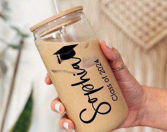 Senior Graduation Gift - Glass Can - Gift for High School Graduation - Custom Glass Iced Coffee Cup for Grads - Personalized