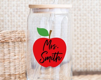 Teacher Glass Coffee Cup, Teacher Gifts Personalized, Teacher Appreciation Gift, Apple Iced Coffee Glass, Iced Coffee Cup Personalized