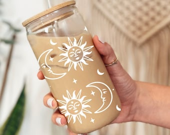 Celestial Iced Coffee Glass, Sun and Stars Glass Cup for Iced Coffee, Beer Glass Cup with Lid and Straw, Personalized Iced Coffee Glass