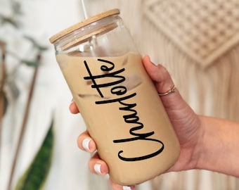 Personalized Iced Coffee Glass - Glass Cup Soda Cup with Lid and Straw - Bridesmaid Gift Ideas - Birthday Gifts for Teens Women Mom