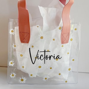 Sacola de presente para proposta de florista, sacola de presente personalizada com margaridas e alças, presente personalizado para florista, sacola de presente transparente personalizada com fita