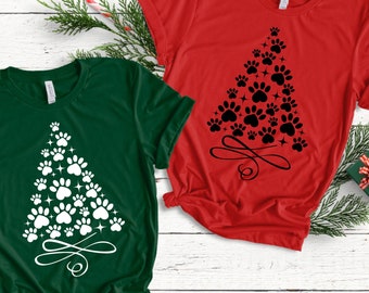 Paw Print Christmas T Shirt - Christmas T-Shirt - Dog Christmas Tree, Dog Lover T Shirt, Gifts for Dog Lover