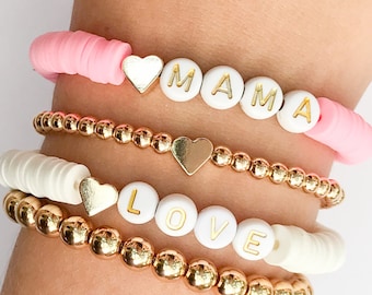 Mama Heishi Bracelet, Personalized Name Bracelets, Custom Word Heishi Bracelets, Name Bracelet, Gold Heart Women's Bracelets, Mother's Day