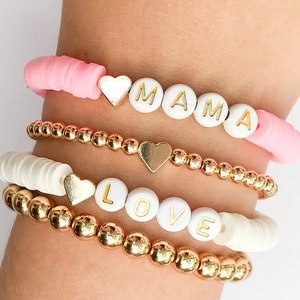 Mama Heishi Bracelet, Personalized Name Bracelets, Custom Word Heishi Bracelets, Name Bracelet, Gold Heart Women's Bracelets, Mother's Day