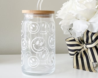 Smiley Iced Coffee Glass Cup | Soda Can Glasses 16 Oz Beer Can Glasses with Smiley Faces | Reusable Straw Mason Jar