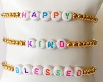 Beaded Bracelet Gold Beaded Bracelet Happ Bracelet Custom Saying Kind Blessed Bracelet