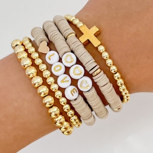 Heishi Bracelet Custom Name Bracelets Stacked Heishi Bracelet Gold Beaded Bracelets Personalized Bracelets Mom Women Heishi Stretch Bracelet