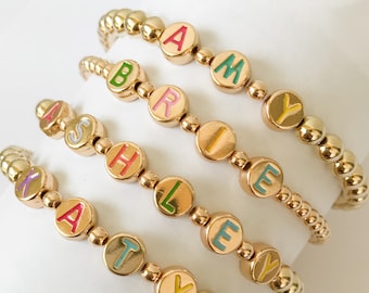 Name Bracelets, Personalized Letter Bead Bracelets, Gold Beaded Bracelets, Gold Letter Bracelets, Women's Bracelets, Stacked Bracelets