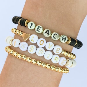 Regalo de agradecimiento para profesores, pulseras con iniciales, pulseras con letras, pulseras con cuentas, pulseras apilables, cuentas con letras, oro