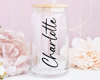 Personalized Iced Coffee Glass - Glass Cup Soda Cup with Lid and Straw - Bridesmaid Gift Ideas - Birthday Gifts for Teens Women Mom