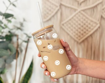 Smiley Iced Coffee Glass Cup | Soda Can Glasses 16 Oz Beer Can Glasses with Mini Smiley Faces | Reusable Straw Mason Jar | Birthday Gift