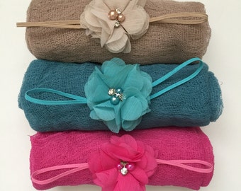 Baby Headband Wrap Set Newborn Headband Swaddle Cheesecloth Blanket Wrap Flower Headband Chiffon Headband Infant Headband Photo Prop Baby