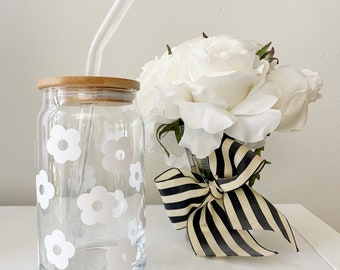 Daisy Cup Iced Coffee Glass Cup - Retro Flower Glass Jar Cup - Boho Beer Glass Jar - Iced Coffee Glass