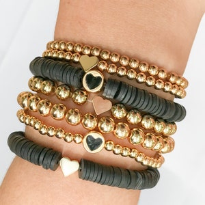 Heishi Stacked Bracelet, Gold Beads, Heart Charm