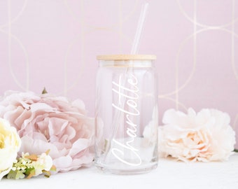 Personalized Iced Coffee Glass - Glass Cup Soda Cup with Lid and Straw - Bridesmaid Gift Ideas - Birthday Gifts for Teens Women Mom