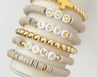 Heishi Stacked Custom Name Bracelets Taupe Neutral Name Bracelets Stretch Bracelets