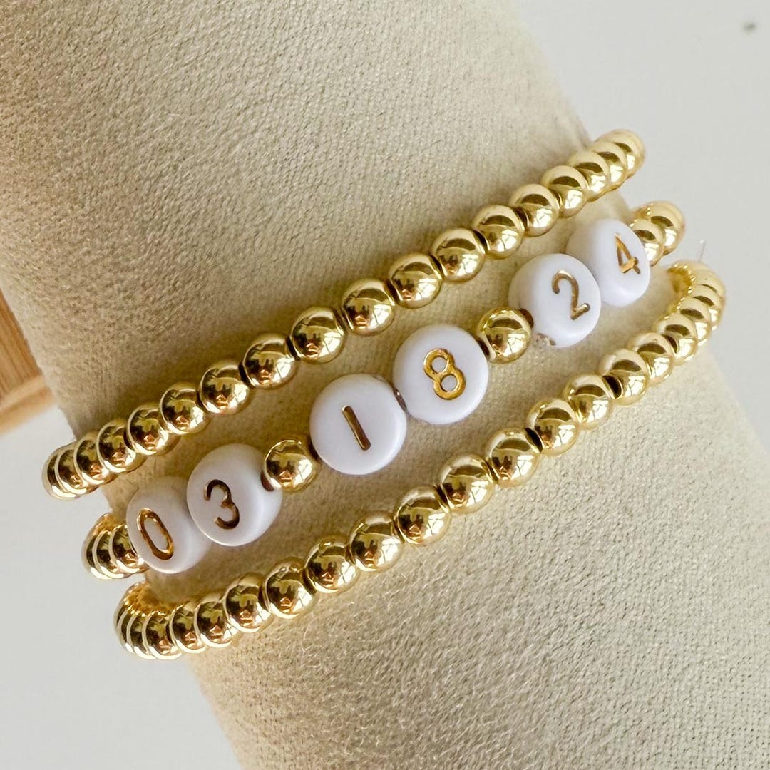 Personalized Number Bracelets, Custom Gold Beaded Name Bracelets ...