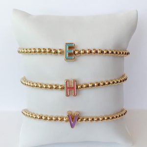 Enamel Initial Bracelets, Letter Bracelets, Beaded Bracelets, Stackable Bracelets, Letter Beads, Gold Beaded Bracelets, Name Bracelets