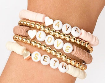 Personalized Name Bracelets, Letter Bracelets, Beaded Bracelets, Stackable Bracelets, Letter Beads, Gold Beaded Bracelets, Name Bracelets