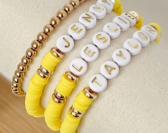 Letter Name Bracelets, Yellow and Gold Bracelets, Heishi Beaded Bracelets, Stackable Bracelets, Letter Beads, Gold Beaded, Name Bracelets