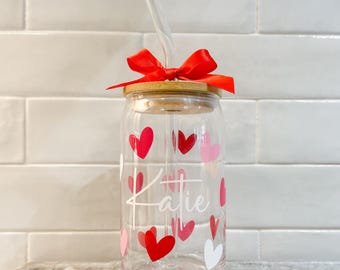 Personalized Iced Coffee Glass, Valentine’s Glass, Valentine’s Gift for Her, Custom Name Glass, Personalizes Valentine’s Day Cup, Party