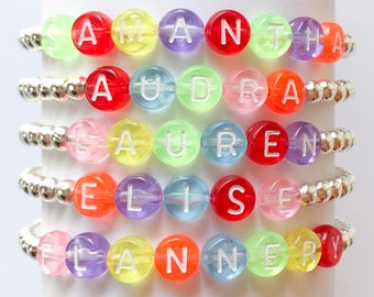 Name Bracelets, Personalized Letter Bracelets, Beaded Bracelets, Stackable Bracelets, Letter Beads, Silver, Stretch Bracelets