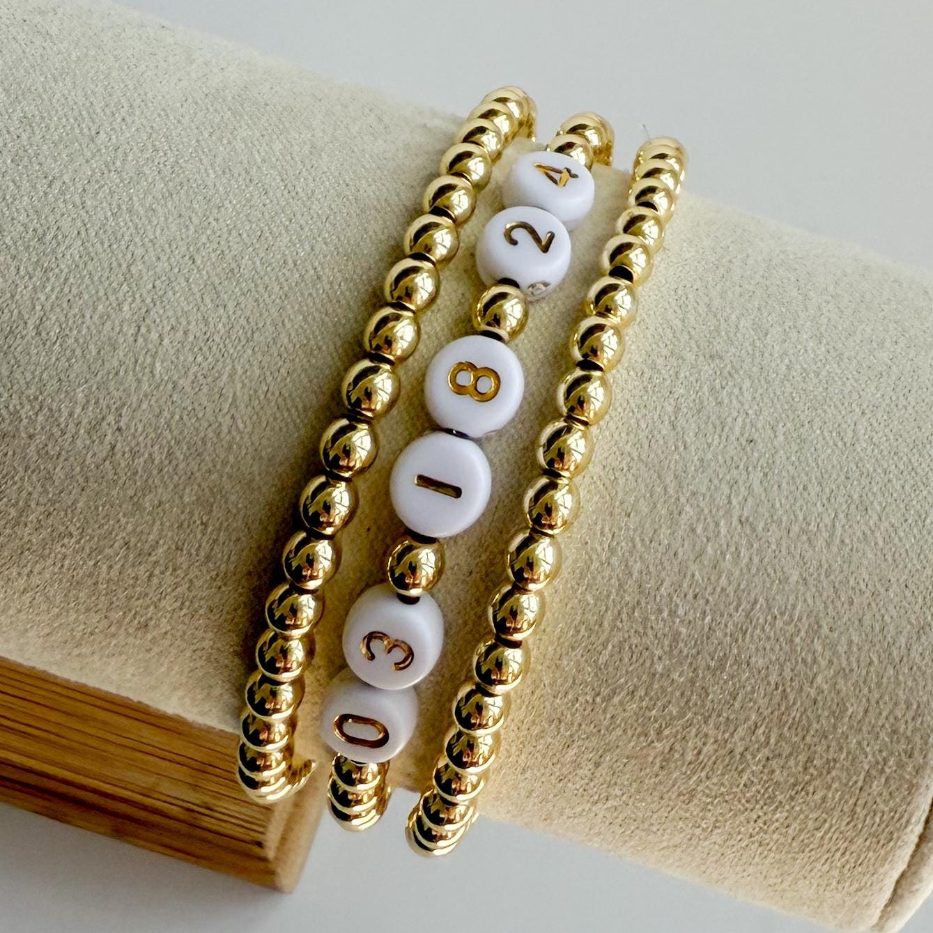 Personalized Number Bracelets, Custom Gold Beaded Name Bracelets ...