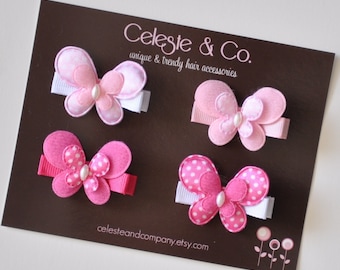 Pink Butterfly Hair Clips: Grosgrain Ribbon, Pearl Detail