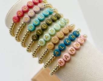 Name Bracelets. Personalized Letter Bead Bracelets, Gold Beaded Bracelets, Gold Letter Bracelets, Women's Bracelets, Stacked Bracelets