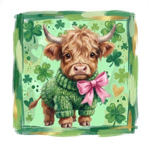 Puede incluir: Ilustración digital de una vaca de las Tierras Altas con un suéter verde y un lazo rosa. La vaca está sobre un fondo verde con tréboles y corazones, enmarcada por un borde verde y dorado. La imagen tiene un estilo caprichoso y caricaturesco.