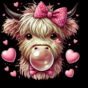 May include: A fluffy white and pink Highland cow with a pink polka dot bow, blowing a bubble with a pink bubble gum. The cow is surrounded by pink hearts.
