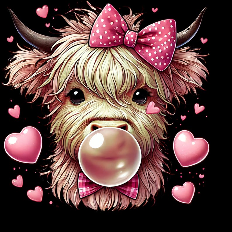 May include: A fluffy white and pink Highland cow with a pink polka dot bow, blowing a bubble with a pink bubble gum. The cow is surrounded by pink hearts.