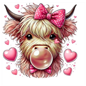 May include: A cartoon illustration of a Highland cow with pink fur, a pink bow with white polka dots, and a pink bubble. The cow is surrounded by pink hearts.