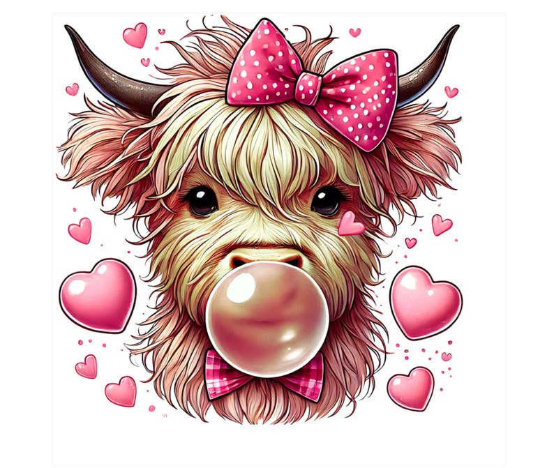 May include: A cartoon illustration of a Highland cow with pink fur, a pink bow with white polka dots, and a pink bubble. The cow is surrounded by pink hearts.