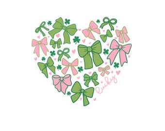 St Patricks bow and clovers png, St Patrick’s heart png, clip art for girl, png pink and green, four leaf clover image, sublimation png