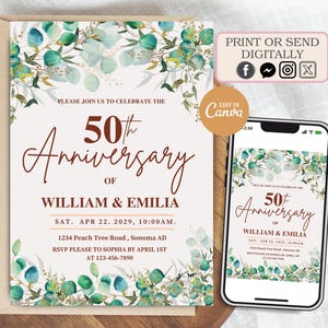 Editable 50th Anniversary Invitation, Eucalyptus Gold Invites, Greenery Wedding Anniversary Invite, Wedding Anniversary Invitation Printable