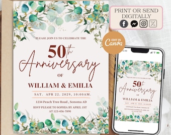 Editable 50th Anniversary Invitation, Eucalyptus Gold Invites, Greenery Wedding Anniversary Invite, Wedding Anniversary Invitation Printable