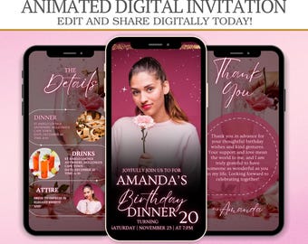 Digital Animated Birthday Dinner Video Invitation, Adult Party Digital Evite, DIY Template Birthday Invite Template, Instagram Story Invite