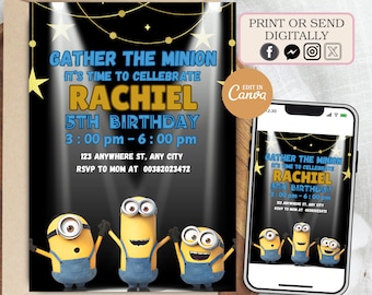 Redigerbar mall för Minions födelsedagsinbjudan, Minions födelsedagsfest, inbjudan till barnfest, mall för digitala barnfestinbjudningar