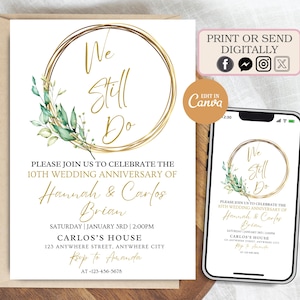 Faire-part 10e anniversaire de mariage modifiable, invitation We Still do, faire-part de renouvellement de vœux moderne, carte d'invitation anniversaire verdure