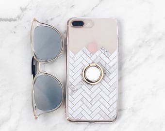 Phone Ring Holder Case With Stand Marble Herringbone Tile Clear iPhone 11 Pro Max Case Grip Galaxy S23 iPhone Xs Max 15 CC-MARTI-RG