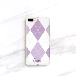 Personalized Lavender Argyle iPhone Case 13 Pro Max 12 Purple iPhone 15 14 Plus, Galaxy S22 Preppy Aesthetic iPhone 11 Xs Max CMG-ARGP image 1