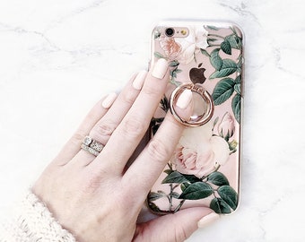 Floral Clear Case and Phone Ring Holder Stand Coquette Rose Pattern Grip iPhone 14 13 12 Pro Max 11 Xs 15 Galaxy Cottage Core CC-RP-RG